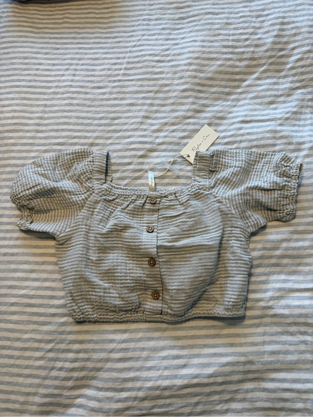 Rylee and Cru Button-Front Puff Sleeve Crop Top - Light Gray Stripe